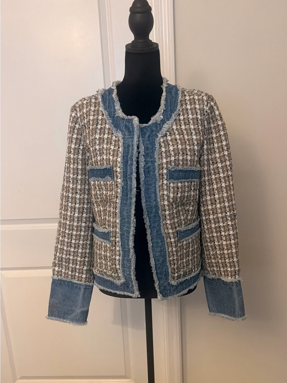 Nanette Lepore Beige Tweed Jacket with Blue Denim Trim